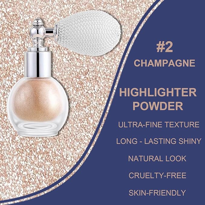 Champagne Highlighter Spray for Face and Body, Rich Color Loose Shimmer Powder Long Lasting Sparkly Spray High Gloss Makeup for Women Rave Festival Prom Stage Wedding Party, #2