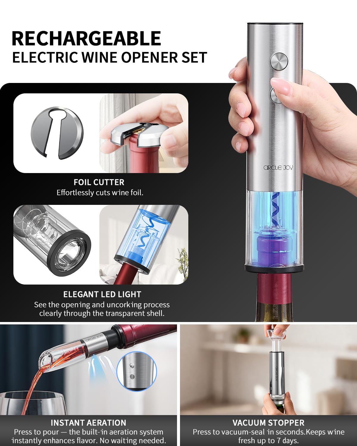 CIRCLE JOY Electric Wine Bottle Opener Set Stainless Steel Rechargeable Wine Opener 8-in-1 Wine Gift Set with Charging base, Foil Cutter, Wine Aerator Pourer, Vacuum Pump & 2 Wine Stoppers, Silver