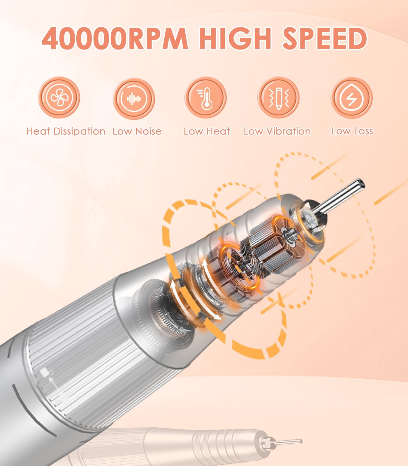 Portable Electric Nail Drill Machine: 40000RPM Professional E-File, Rechargeable Cordless with Bits & Base for Acrylic Remove Gel Polish Manicure Salon Home, Silver