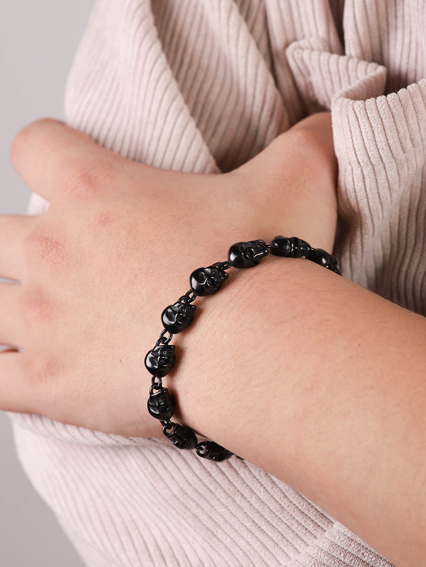 HAQUIL Stainless Steel Black Plated Skull Bead Linked Bracelet for Men and Women, Skull Jewelry Gift