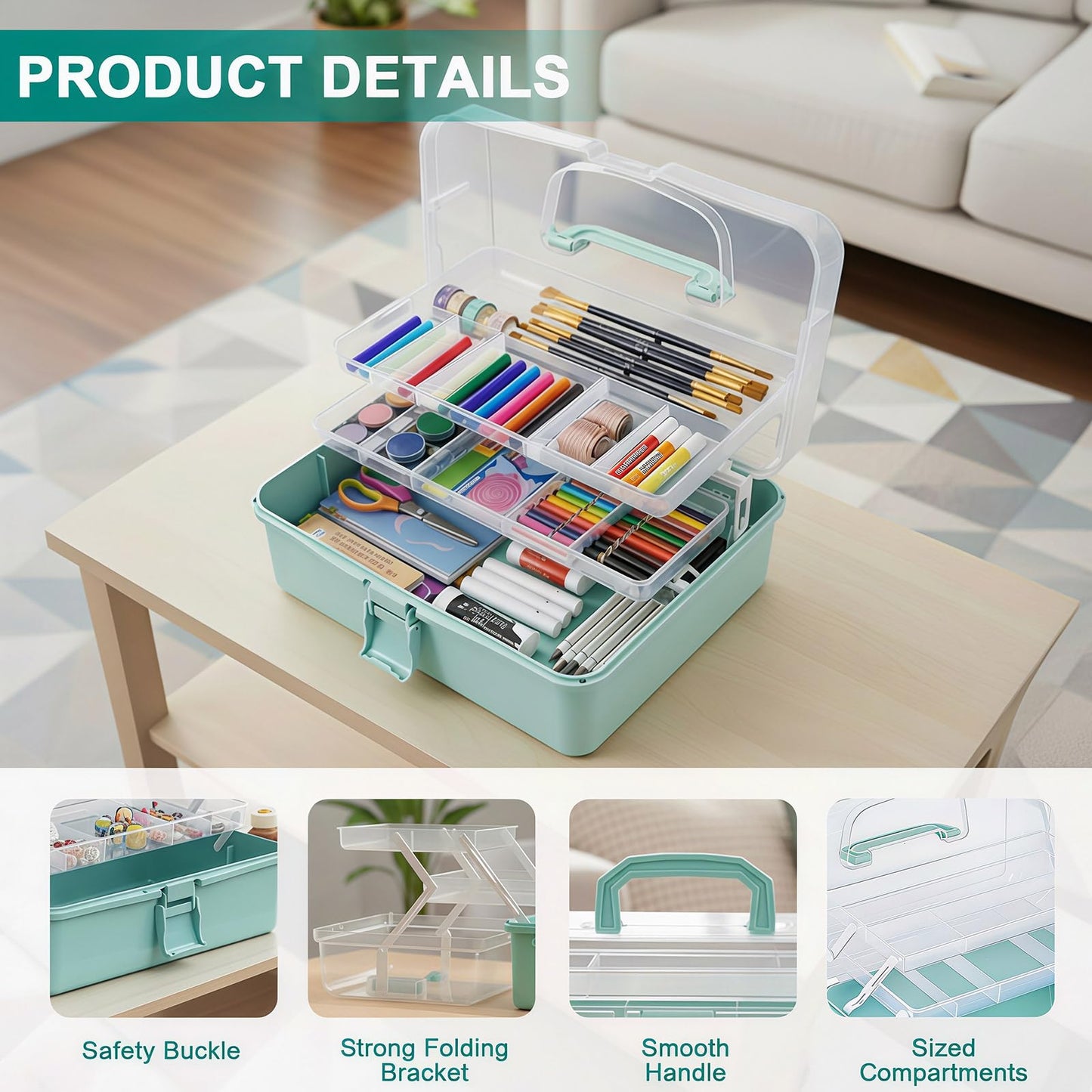 Craft Storage Box 3-Layer Plastic Craft Organizers and Storage, Portable Art Supply Organizer with Handle, Dividing Craft Box Organizer, Folding Arts and Crafts Storage for Sewing, Medicine, Tool