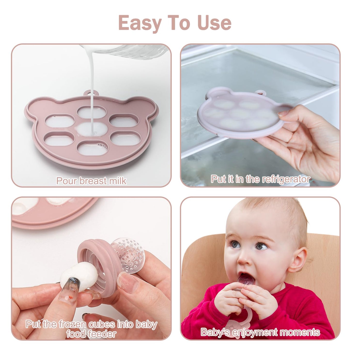 MISSLILI Baby Silicone Fruit Food Feeder Pacifier & Breastmilk Popsicle Freezer Molds,BPA Free Baby Food Storage Containers Frozen Ice Tray for Baby Feeding Safely, Infant Fruit Teething Toy (Pink)