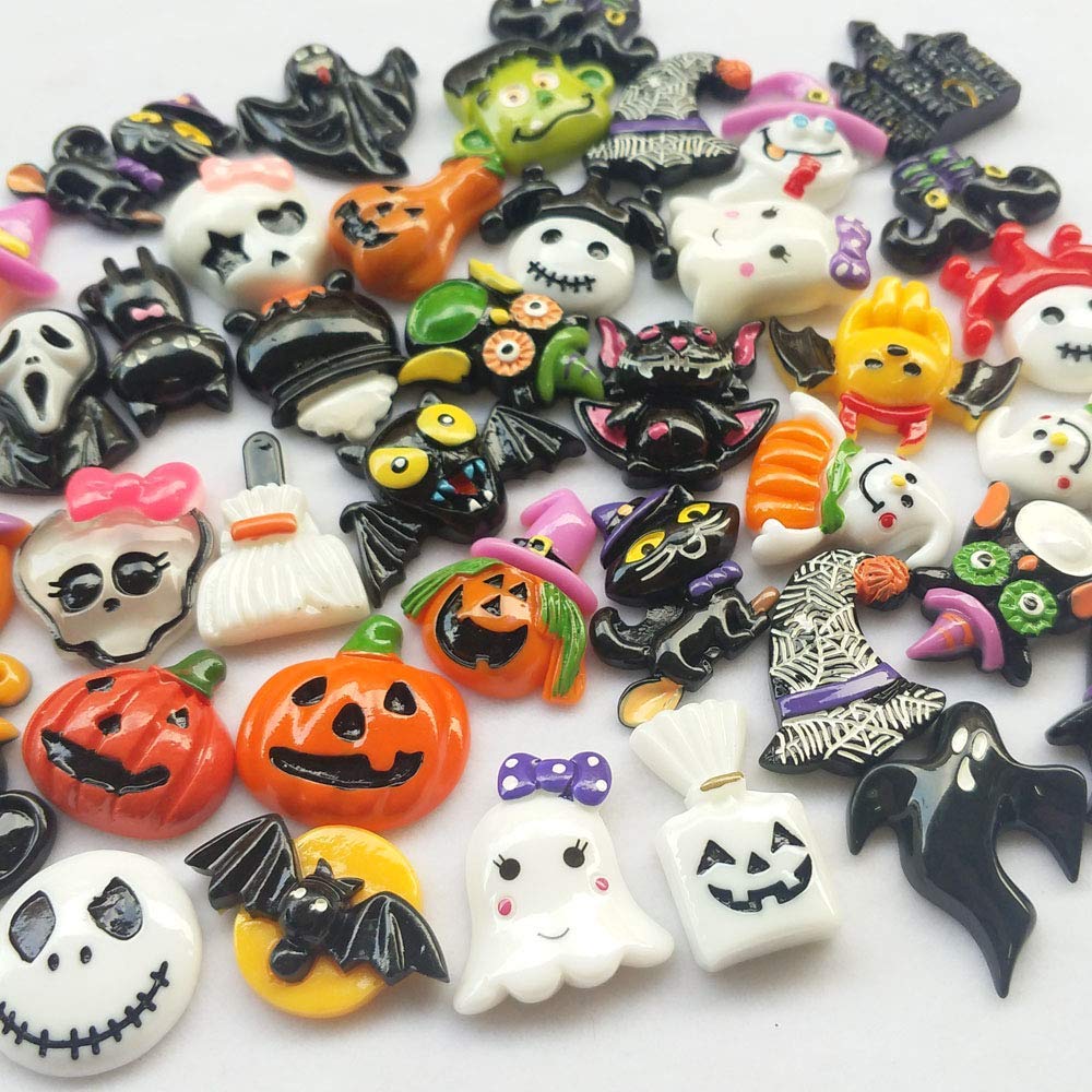 Chenkou Craft Random 50pcs Mix Lots Resin Flatback Flat Back Halloween Craft Embellishment Wizard Pumpkin Lantern Ghost Spider Skull Castle+Clear Box (50)