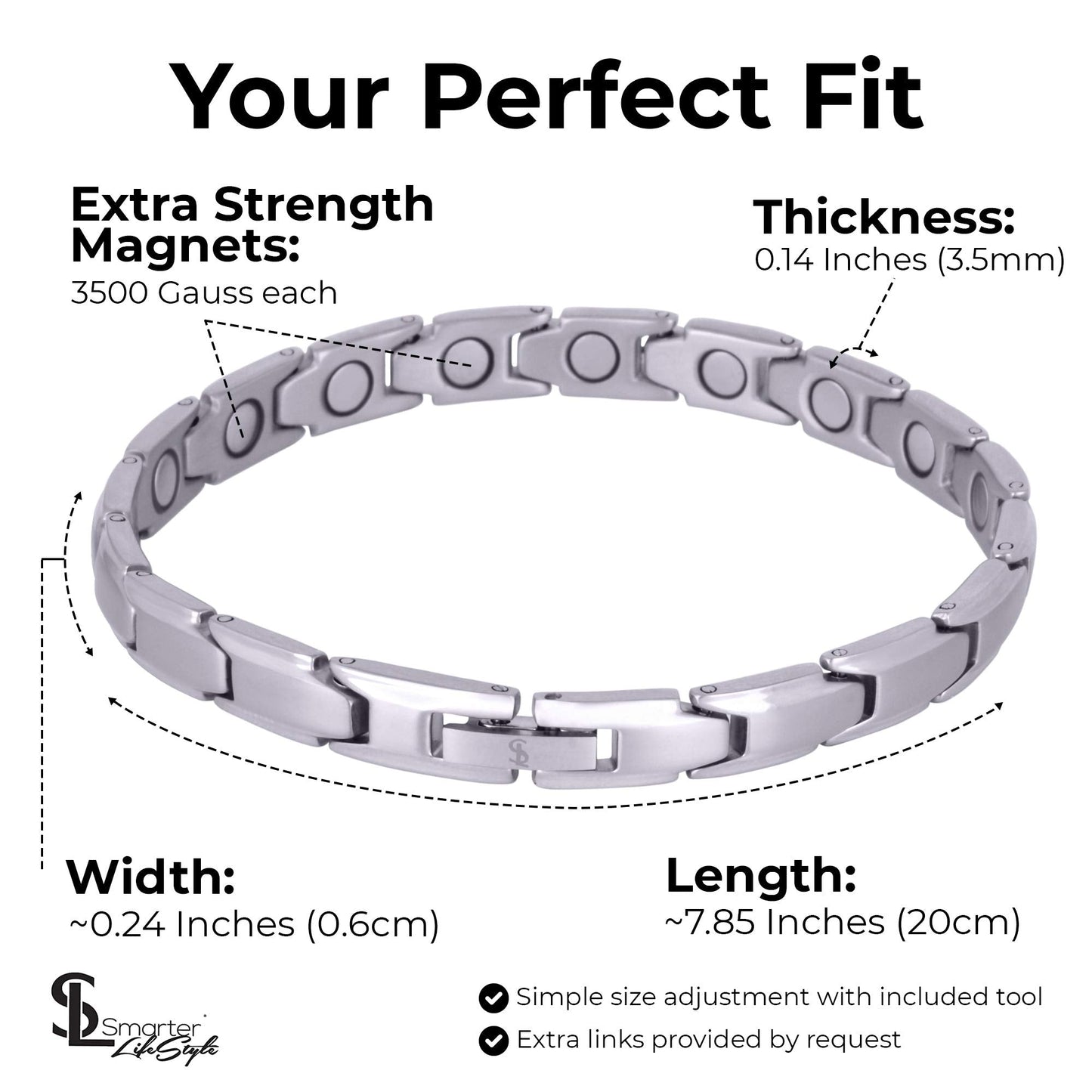Smarter LifeStyle Elegant Titanium Magnetic Bracelet for Women - Adjustable Bracelet Length with Sizing Tool for Perfect Fit, Womens Magnetic Bracelet (Silver)