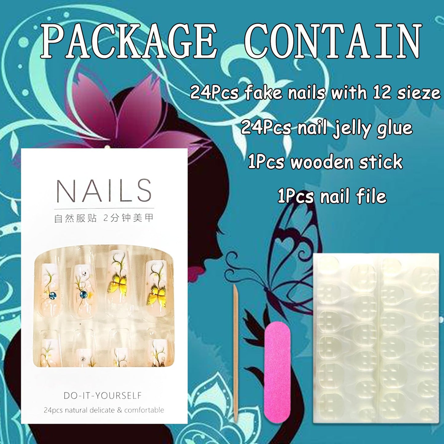 EYZOTSF Press on Nails Medium Square Shaped Acrylic Medium Square Shaped False Nails with Designs Artificial Short Coffin Fake Nails with Charms Glue ons Fingernails for Women Girls(CZ466)