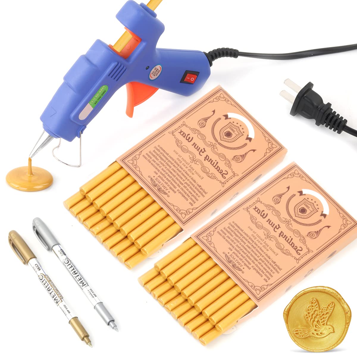 Wax Seal Kit, Wasole 40Pcs Gold Sealing Wax Sticks with Glue Gun + 2Pcs Marker Pens for Wax Seal Stamp, Great for Wedding Invitations, Birthday Cards, Envelopes, Gift Wrapping (Gold)
