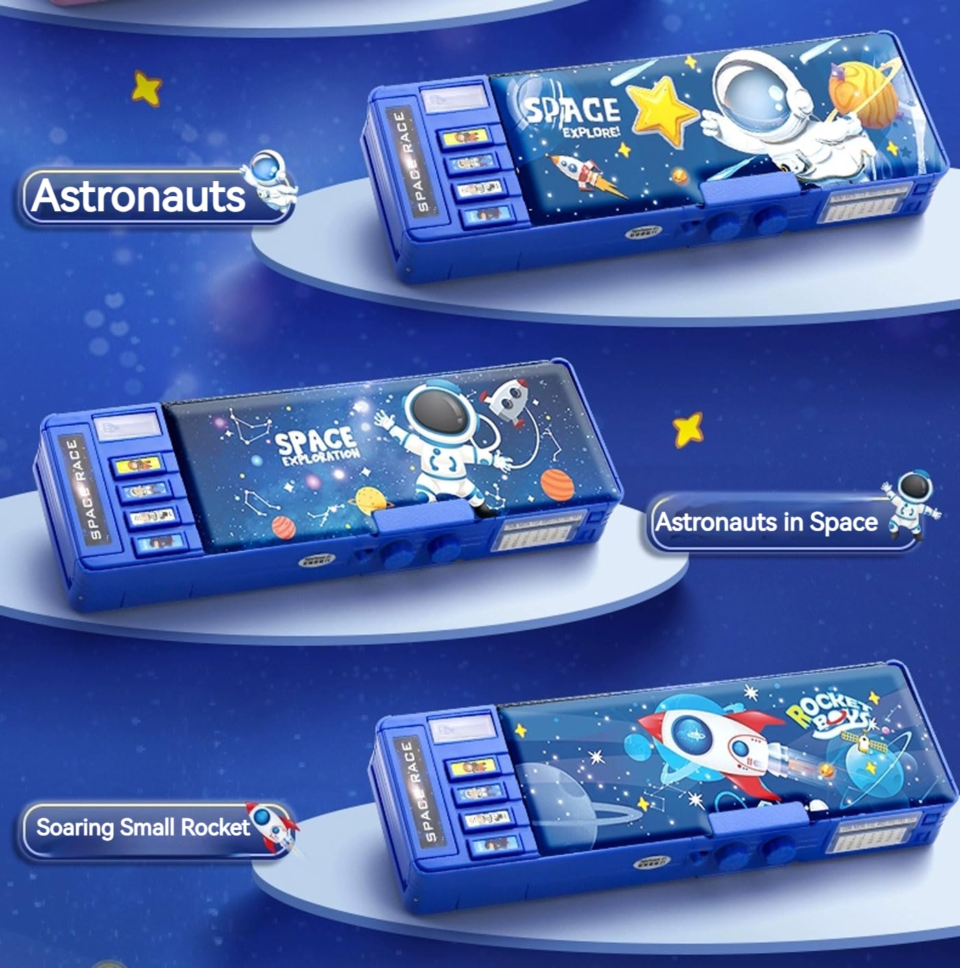 Pop up Multifunction Pencil Case for Kids Unique Stationery Set School Supplies Astronaut Pen Box for School Students Cute Pencil box for Boys with Sharpener Password Lock Schedule Whiteboard(Blue）