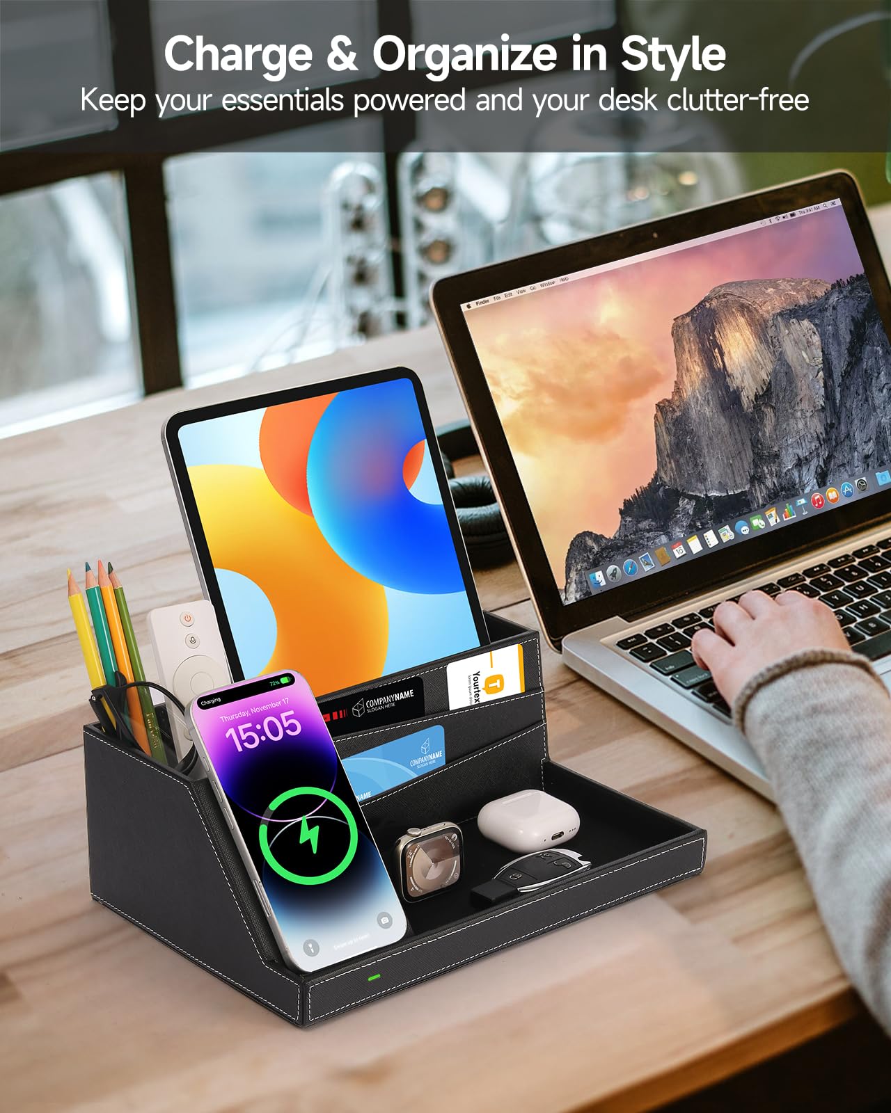 Fast Wireless Charging Station with Desk Organizer for iPhone 17/16/15/15 Pro/14/14 Pro Max/14 Pro/14 Plus/13/13 Pro Max/13 Pro/and iPhone 12/11 Series, Nightstand Desktop Organizer for Home Office