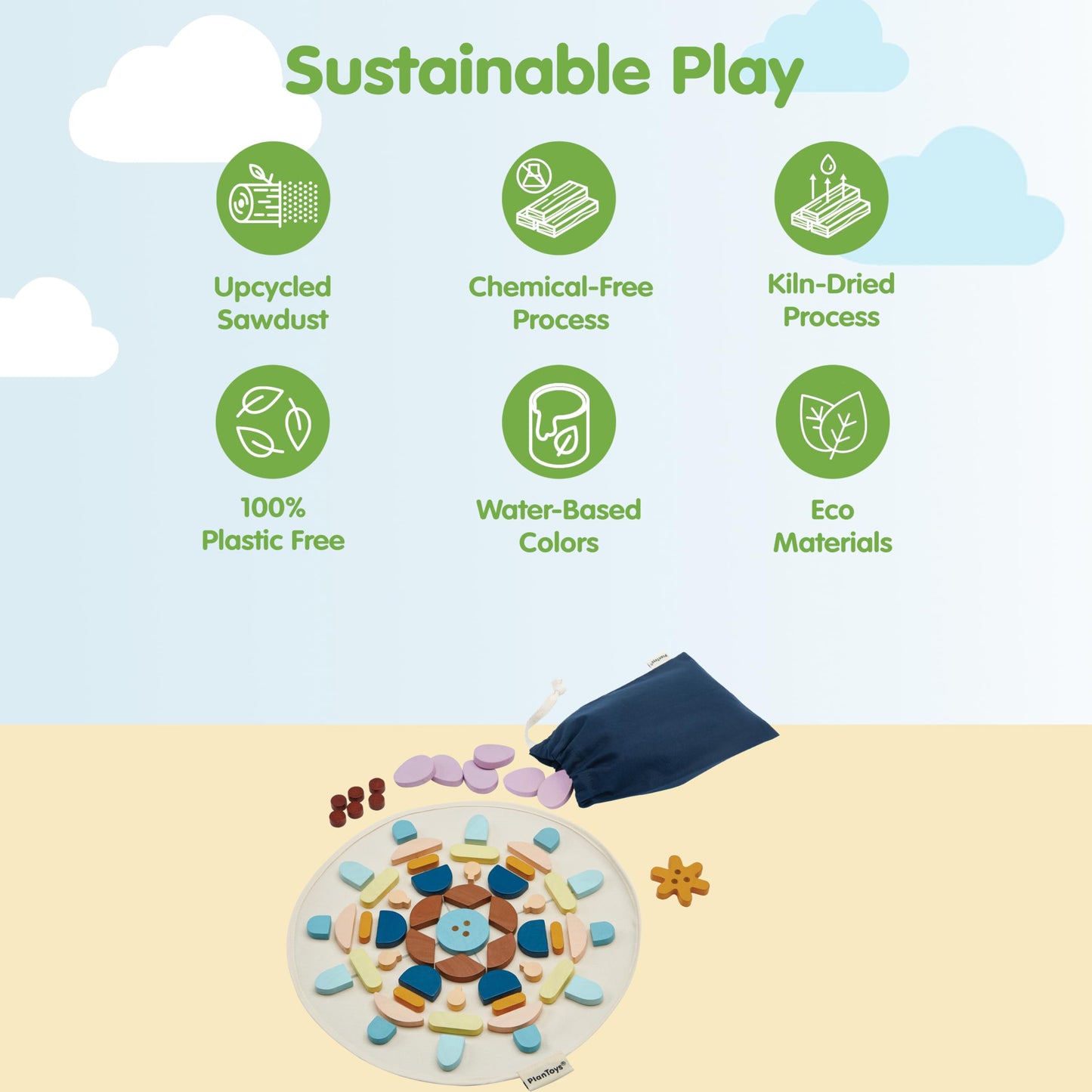 PlanToys® Wooden Mandala Set for Montessori Inspired Open Ended Play | Sensory, Creative and Spatial Learning Activity | Eco Friendly Wooden Mandala Pieces for Mindful Play