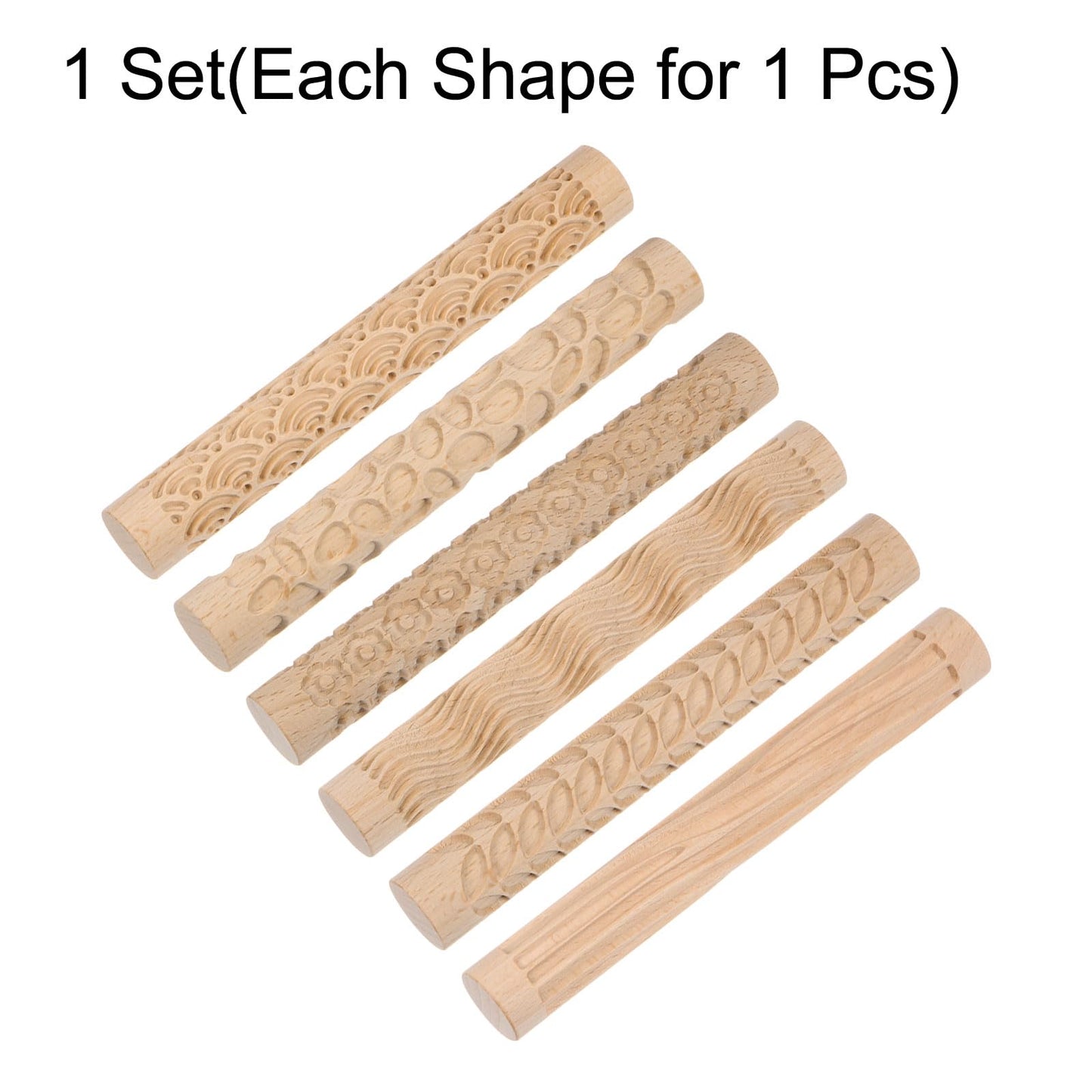 HARFINGTON 6pcs Wood Clay Roller Pattern Modeling 5.9 Inch Beech Wood Hand Rollers Wooden Pottery Tools Wood Grain Texture Rollers for Clay Baking Playdough DIY