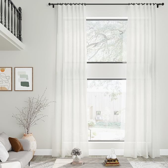 Linen Off White Curtains 132 inch Extra Long for Living Room Back Tab Light Filtering Semi Sheer Drapes Modern Farmhouse Coastal Decor Cotton Textured Curtain for Floor to Ceiling Window 11 FT