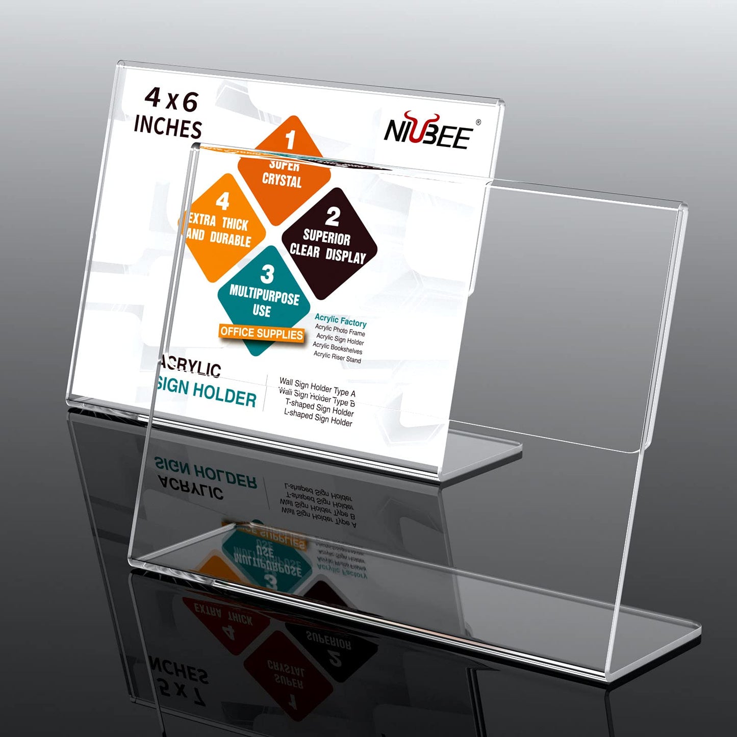 NIUBEE Slanted Back Acrylic Sign Holder 6 x 4 Inches, Clear Plastic Sign Holder Paper Display Table Stand for Office, Store, Restaurant -Horizontal (6 Pack)