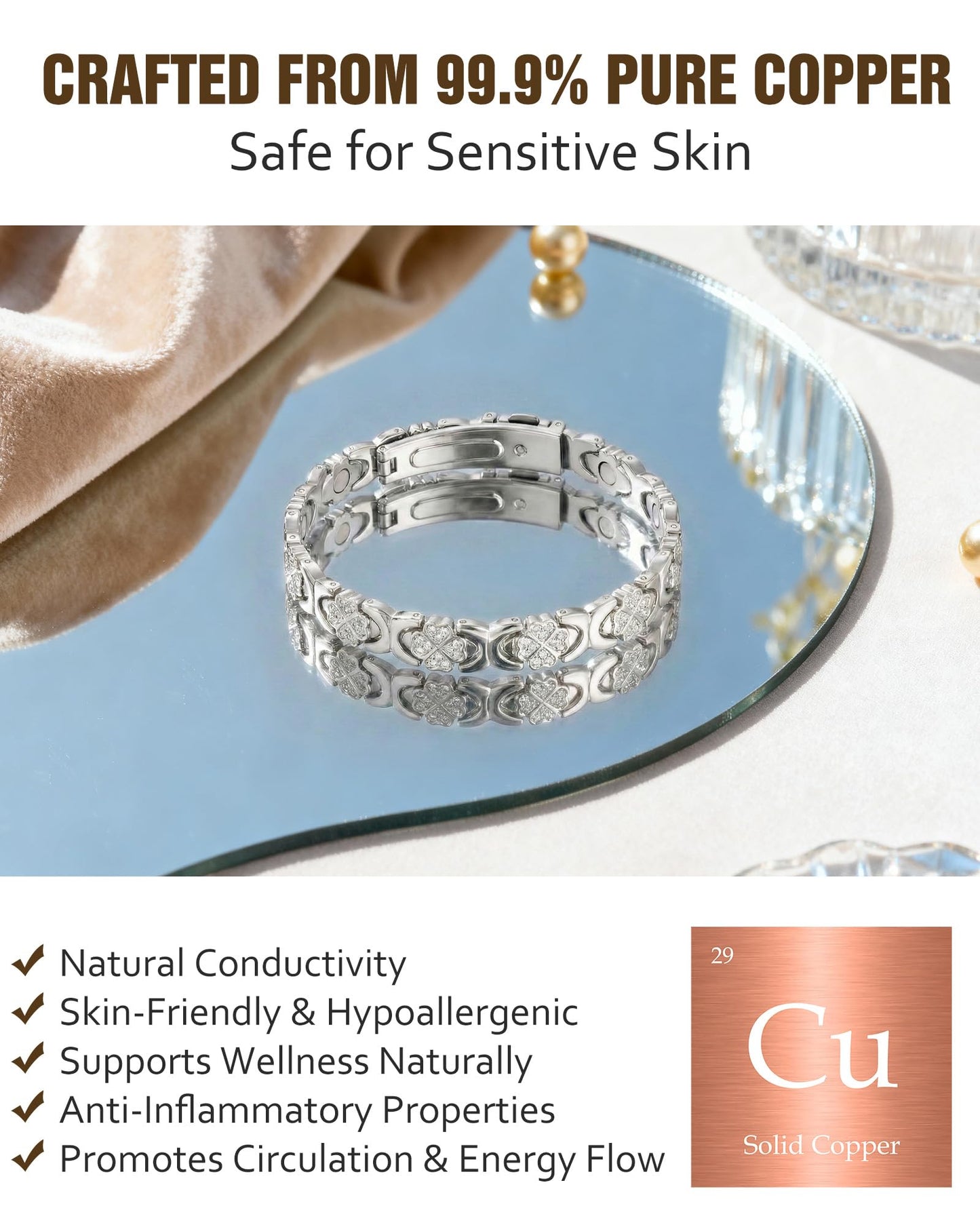 Jecanori Magnetic Copper Bracelet for Women With 3500 Gauss Magnets, Heart-Leaf Copper Bracelet, Premium Fold-Over Clasp,Silver
