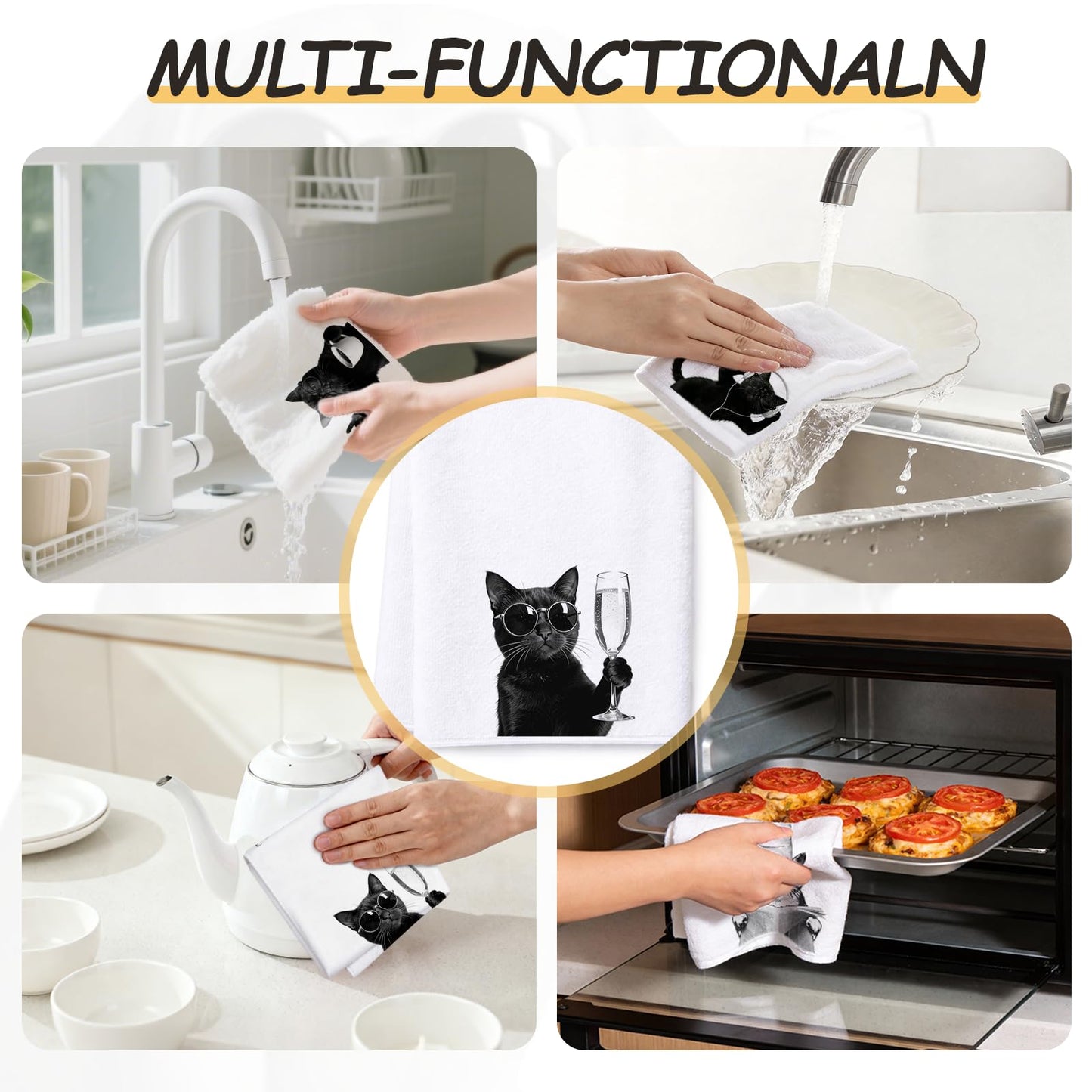 Fakindiy 4-Packs Funny Black Cat Kitchen Towels - 16x24 Inch Microfiber Dish Towels, Super Absorbent & Quick Drying Towels for Kitchen Coffee Bar,Gift for Cat Lovers Women Mom (Black Cat)