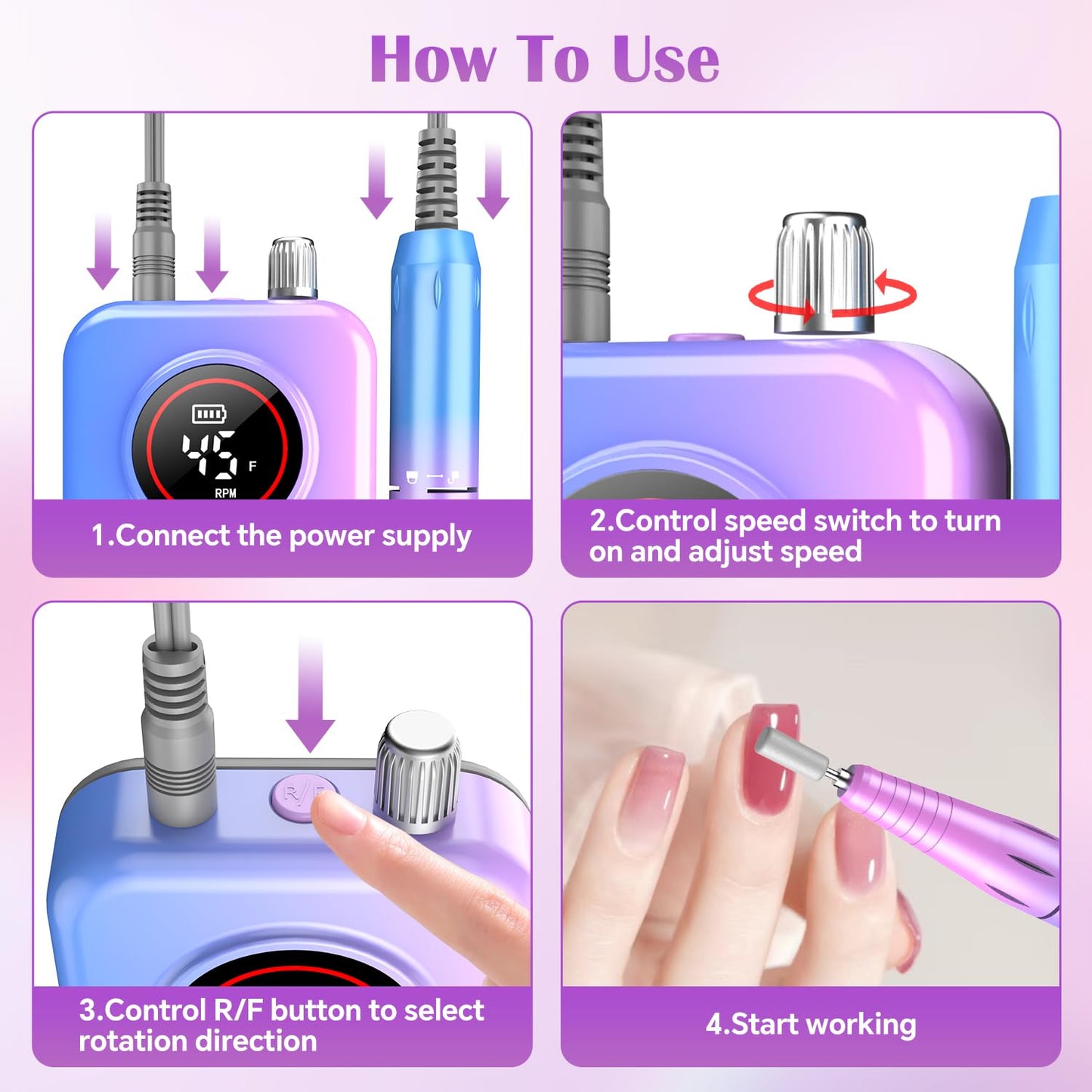 Nail Drill Professional, 45000 RPM Rechargeable Electric Nail File Kit for Acrylic & Gel Nails, Portable Manicure Pedicure Tool for DIY Home or Salon, with 11 Nail Drill Bits & Sanding Band Set