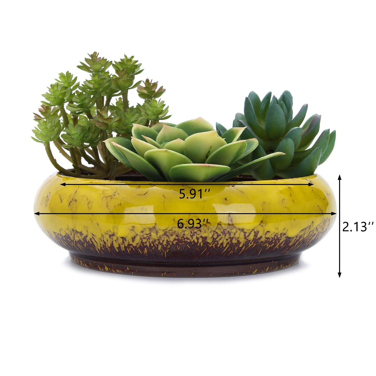 VanEnjoy 7.3 inch Round Large Shallow Succulent Ceramic Glazed Planter Pots with Drainage Hole, Bonsai Pots Garden Decorative Cactus Stand Flower Container (Yellow)