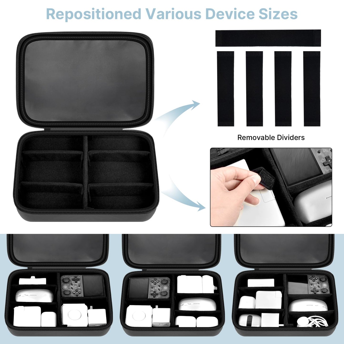 Comecase Electronics Organizer Travel Case for MacBook Pro/Air Power Adapter, Double Layer Tech Bag with 5 Dividers for iPad Mini/Air (up to 11"), Cables, Magic Mouse, Power Bank & SSD - Black
