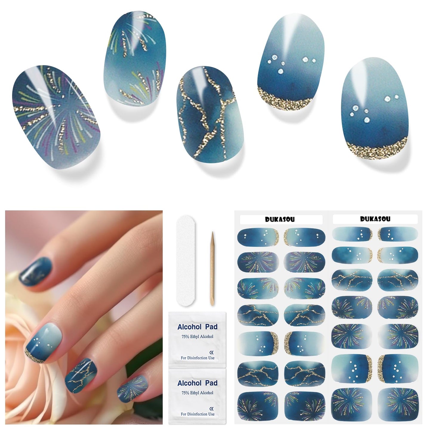 DUKASOU Semi Cured Gel Nail Strips 28 pcs Nail Stickers for Women (Stars Shine Blue) Full Nail Wraps -UV Lamp Required Long Lasting Easy to Apply