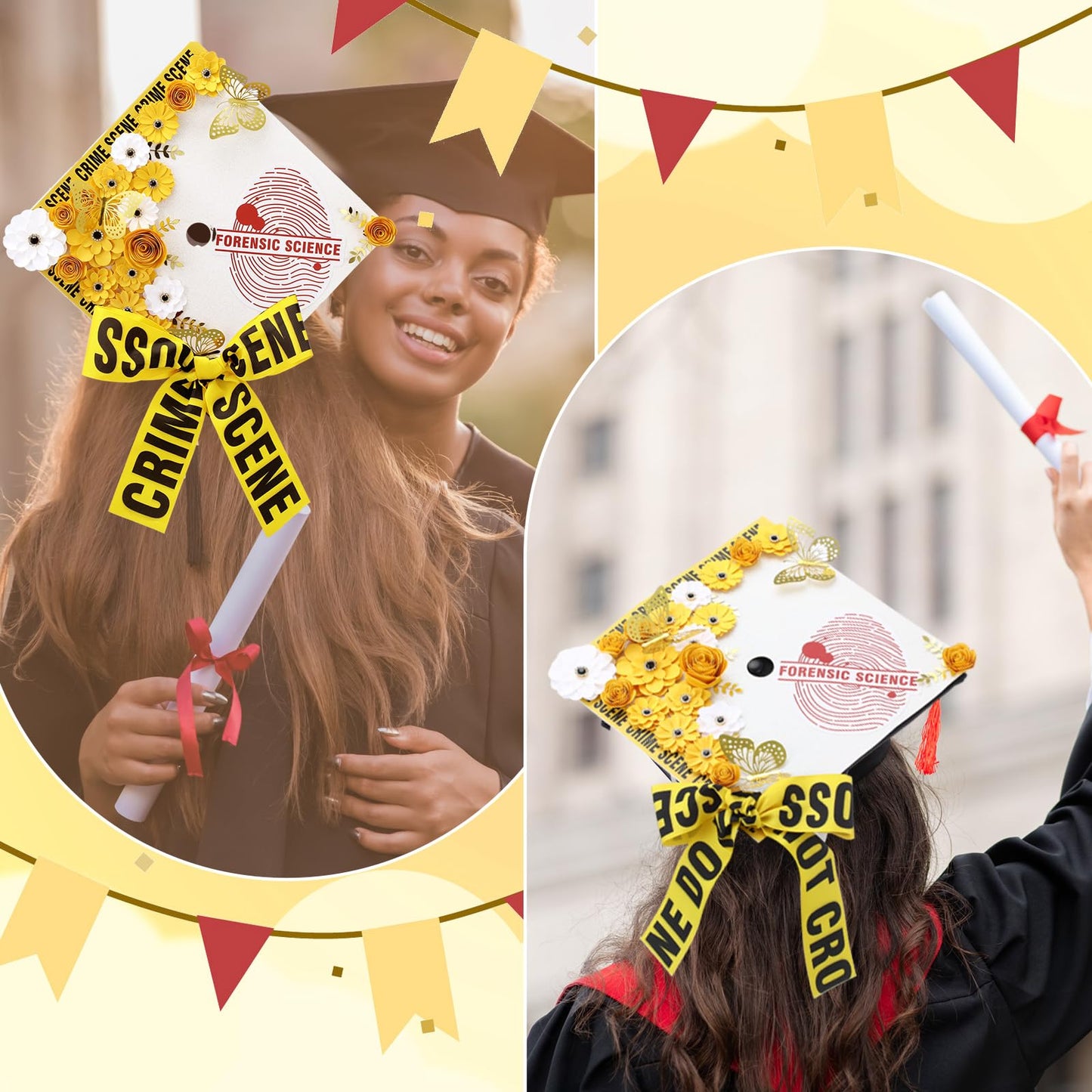 Gersoniel Criminal Justice Graduation Decorations Glitter Grad Cap Topper Graduation DIY Accessory Kit Included Paper Flowers Crime Scene Printed Bow Scale Sticker for Hat(Stylish)
