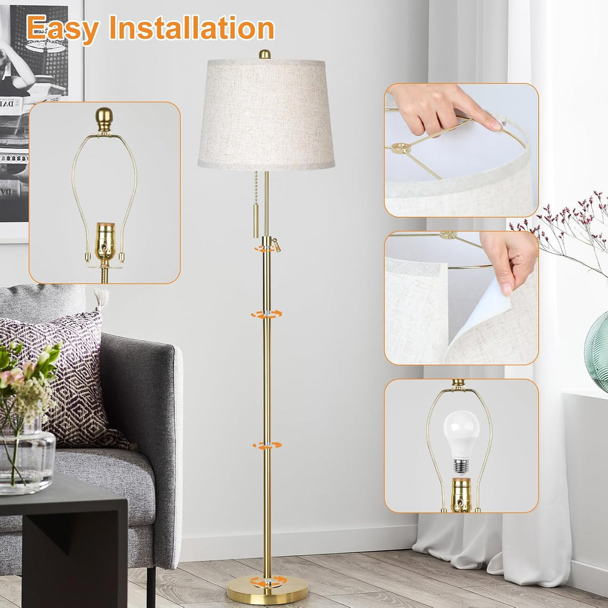 Gold Floor Lamp for Living Room 55-65" Adjustable Modern Brass Standing Lamp with Pull Chain Tall Pole Light with Beige Shade for Bedroom Reading Office Corner Nursery 9W LED Bulb Included 3 ColorTemp