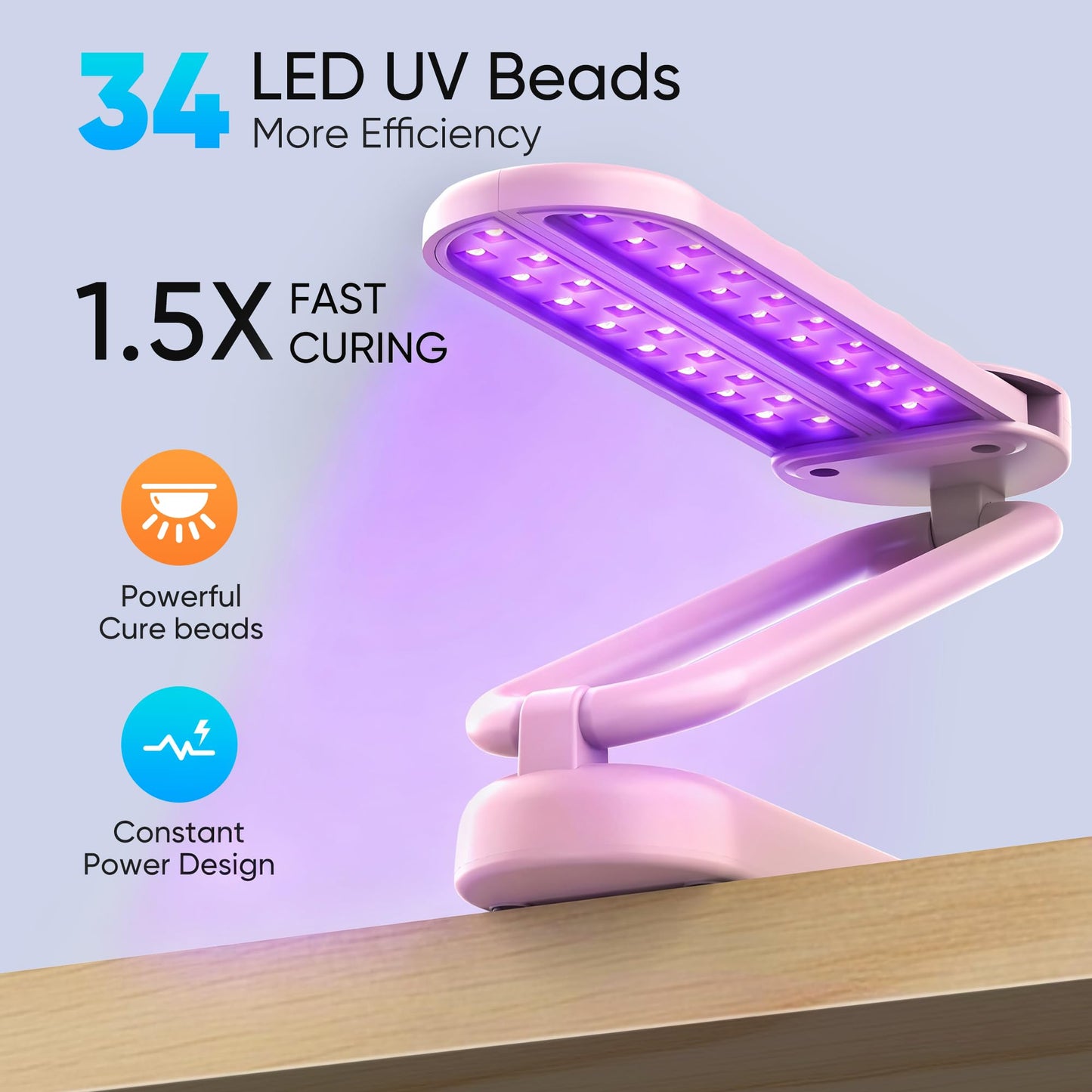 PPESULK 34 LEDs Cordless UV Light for Resin, Fast Curing Foldable UV Resin Lamp with LCD Timer Display, Rechargeable 3000mAh UV Lamp for Jewelry Making, Resin Molds & DIY Resin Crafts (Pink)
