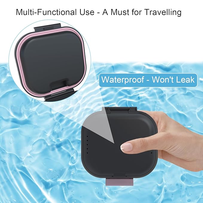 BVN Leakproof Denture Cup, Upgraded Carrying Storage, Denture Bath Box with Filter, Denture Cup for Soaking Dentures, Travel Retainer Cleaning Case (Black+Pink).