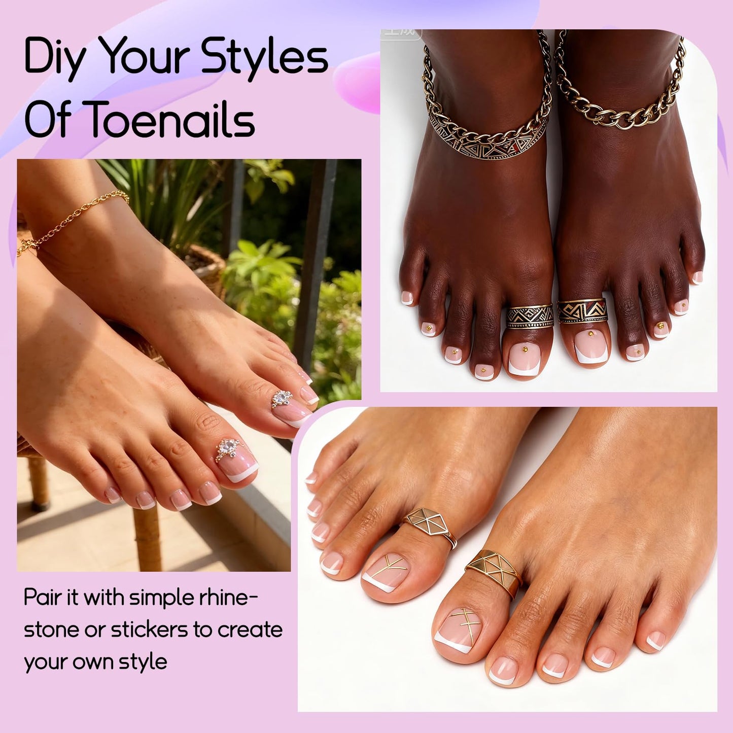 Canvalite Press on Toenails for Women, Big Toe Nail Press ons French Tip Fake Toenails with Glue, Reusable Home DIY Pedicure Set, 16 Sizes