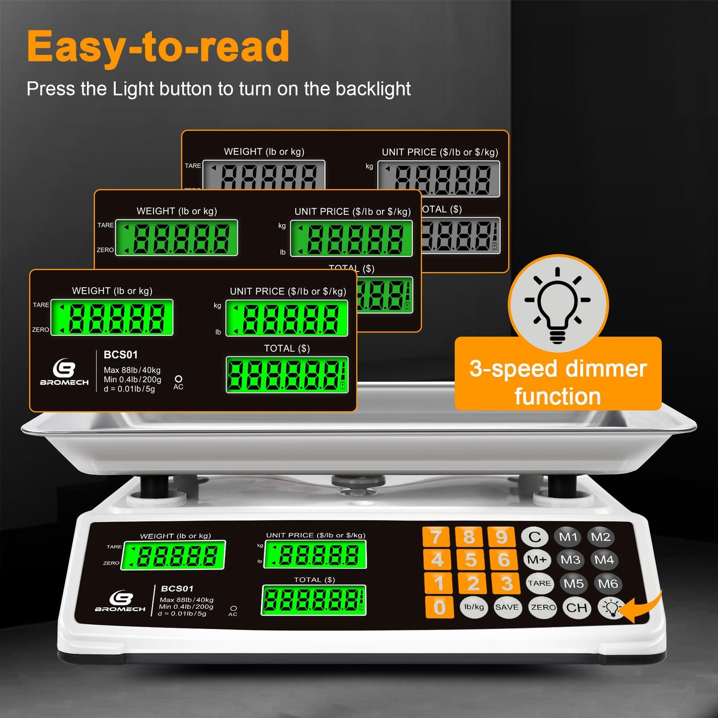 Price Computing Scale 88lb/40kg Commercial Food Scale for Produce Meat with Stainless Steel Large Platform, LCD Display, and Green Bright Backlight for Farmers Markets, Deli, （Not for Trade）