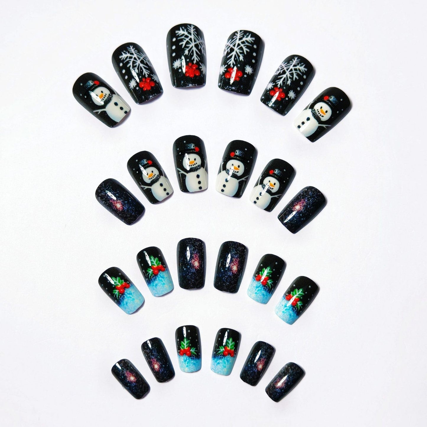 24Pcs Christmas Press on Nails Short Christmas Tree Fake Nail with Snowman & Snowflake Designs Blue Tip Xmas Nails Press ons Full Cover Glossy False Nails for Women
