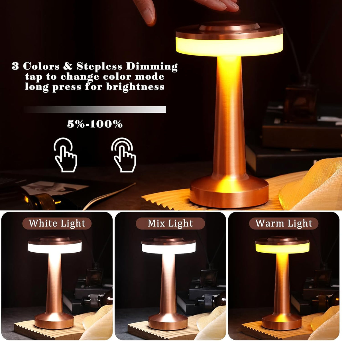 VIHOSE Set of 8 LED Portable Cordless Table Lamp with Touch Sensor 3 Color Stepless Dimming Rechargeable Battery up to 15 Hours Cordless Table Light Wireless Lamp for Nursery(Rose Gold)