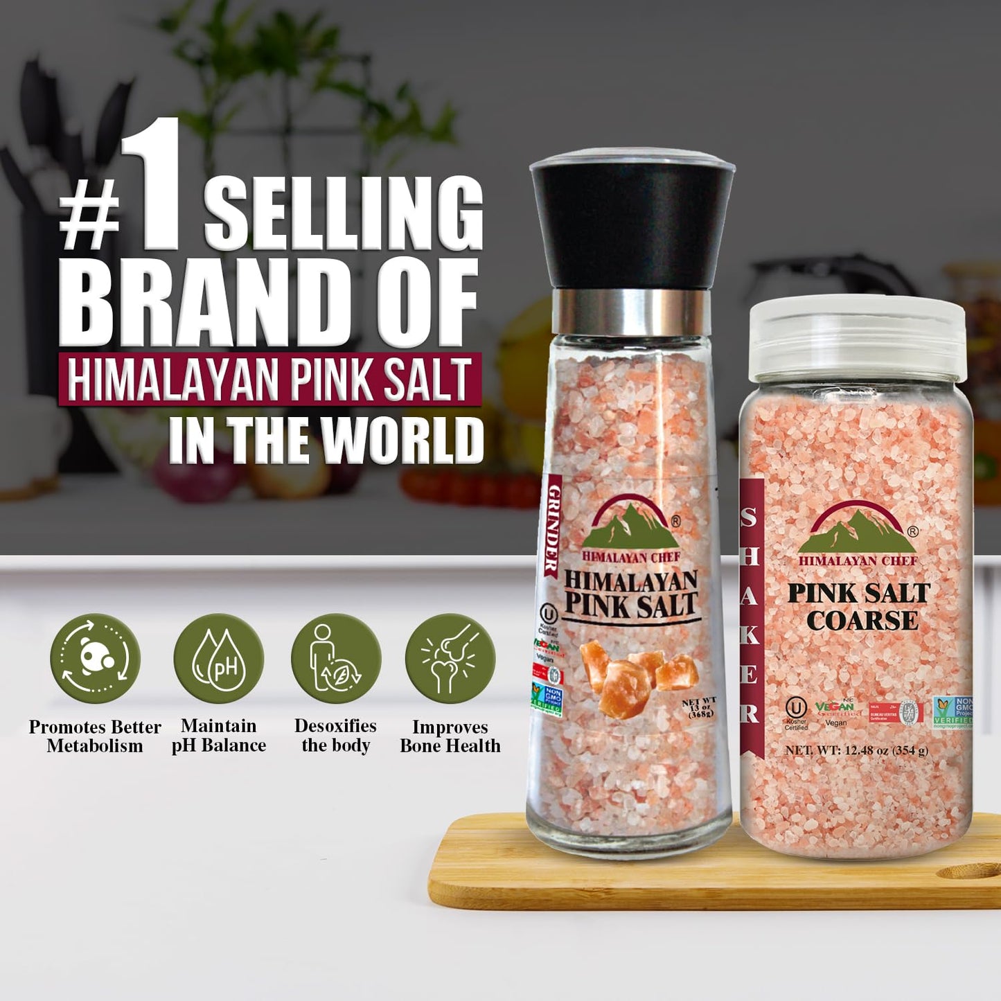 Himalayan Chef Himalayan Pink Salt Grinder & Pink Salt Shaker Refill Adjustable Grinder - Salt Mill and Salt Shaker | Set of 2