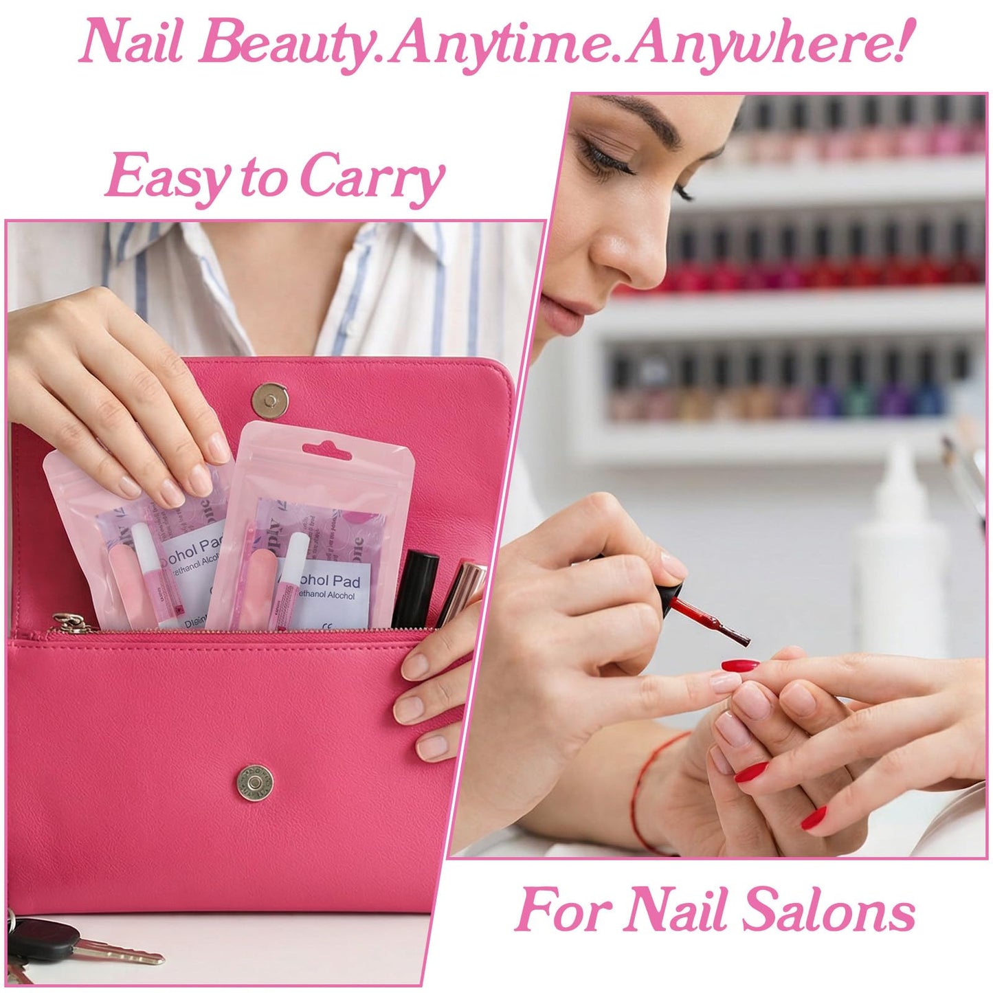 100 Set Disposable Nail Supplies Kits, Professional Manicure Press On Nails Tool Kit with Nail File, Adhesive Tabs, Nails Glue, Plastic Sticks, Prep Pads, Bags (Pink)
