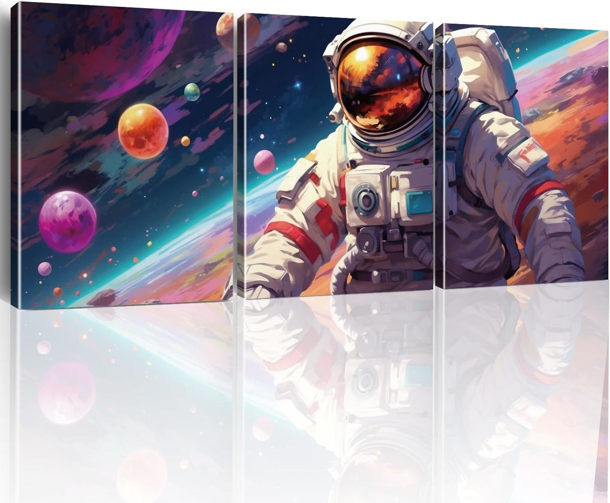Outer Space Art Wall Decor Astronaut Spaceman Planets Prints Posters Framed Artwork Space Room Boys Bedroom Playroom Kids Room Space Decorations, 3 Panels