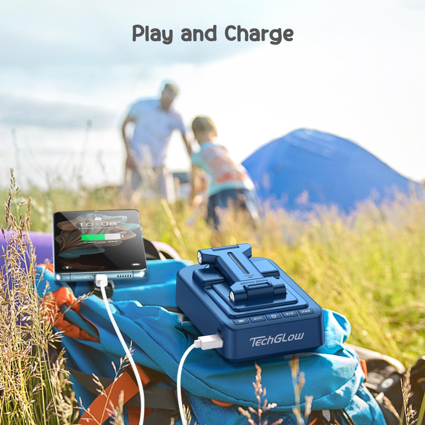 TechGlow Gifts for Men Women Foldable Cellphone Stand with Bluetooth Speaker and Charging Function 360° Rotatable Phone Stand Birthday Gift Idea for Mom Dad Cool Tech Gifts-Blue
