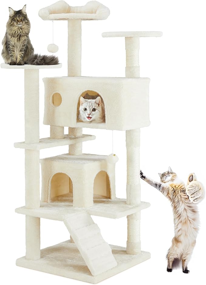 54 Inches Cat Tree Tower Condo Furniture, Cat Tower for Indoor Cats, Cozy Hammock and Sisal Scratching Posts, Multi-Level Durable Cat Scratch Post for Kittens Pet House Play, Detachable Toy, Beige