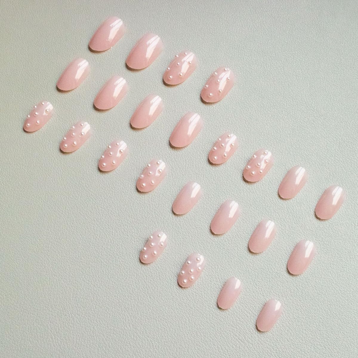 Pink Press on Nails Medium Oval Fake Nails Nude Nails Press ons with 3D Pearl Design,Cute Reusable Artificial Nail Full Cover Stick on Nails for Women Manicure 24Pcs