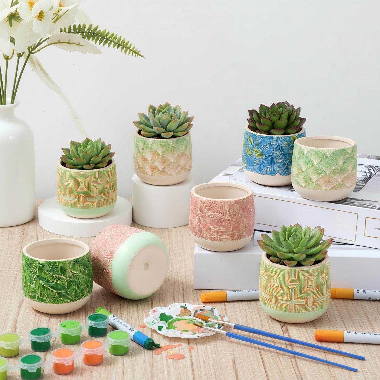 Zubebe 12 Pcs Paint Your Own Ceramic Pots Bulk Unfinished Succulent Pots Craft Kit with Drainage Hole Mini Paintable Plant Vase Ready to Paint Planter for Cactus DIY Craft (Nordic Embossed)