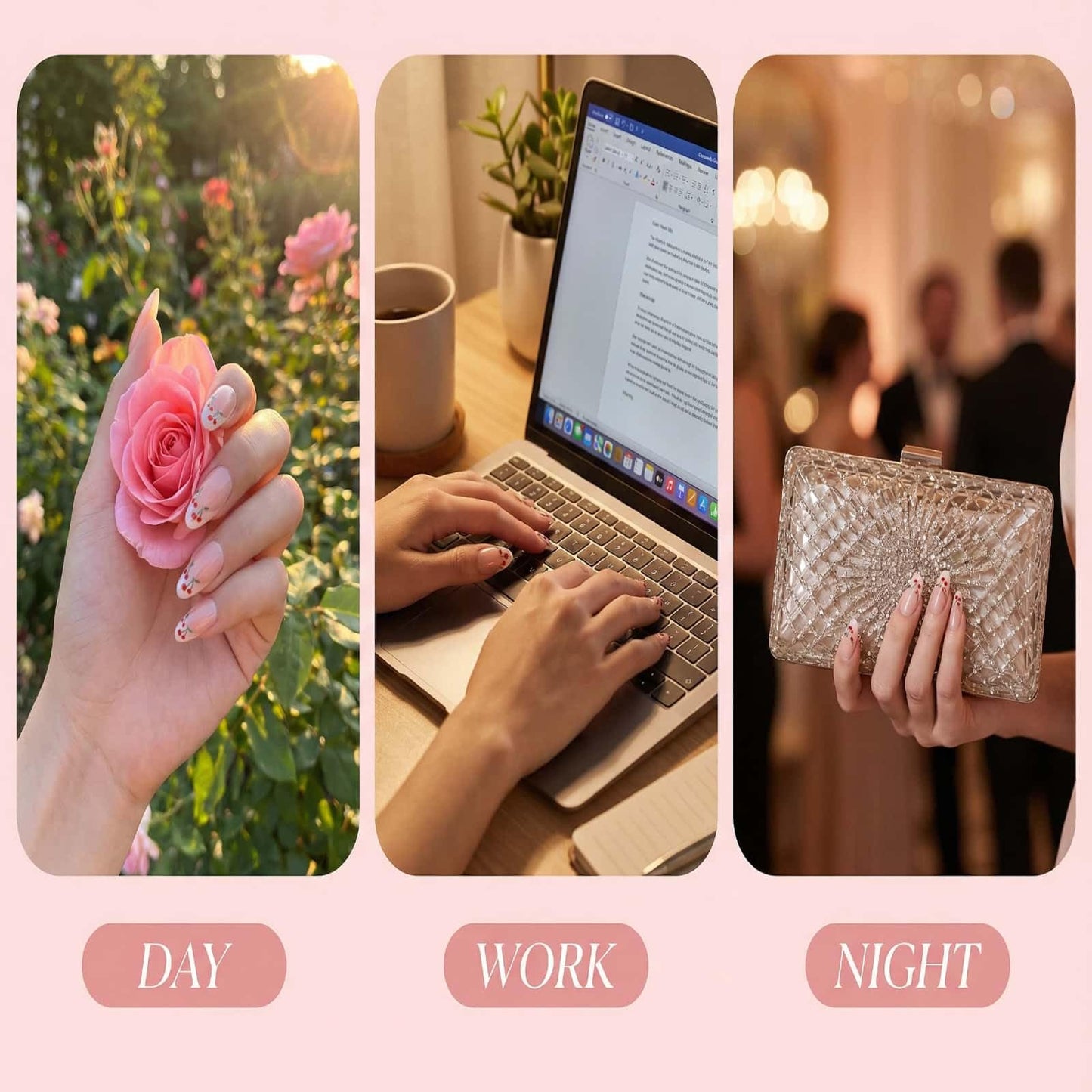 White French Tip Press on Nails Short Almond Fake Nails Cute Nude Pink with Red Cherry Glossy Acrylic Nails Full Cover Glue on Nails Reusable Artificial Stick on Nails for Women 24 Pcs