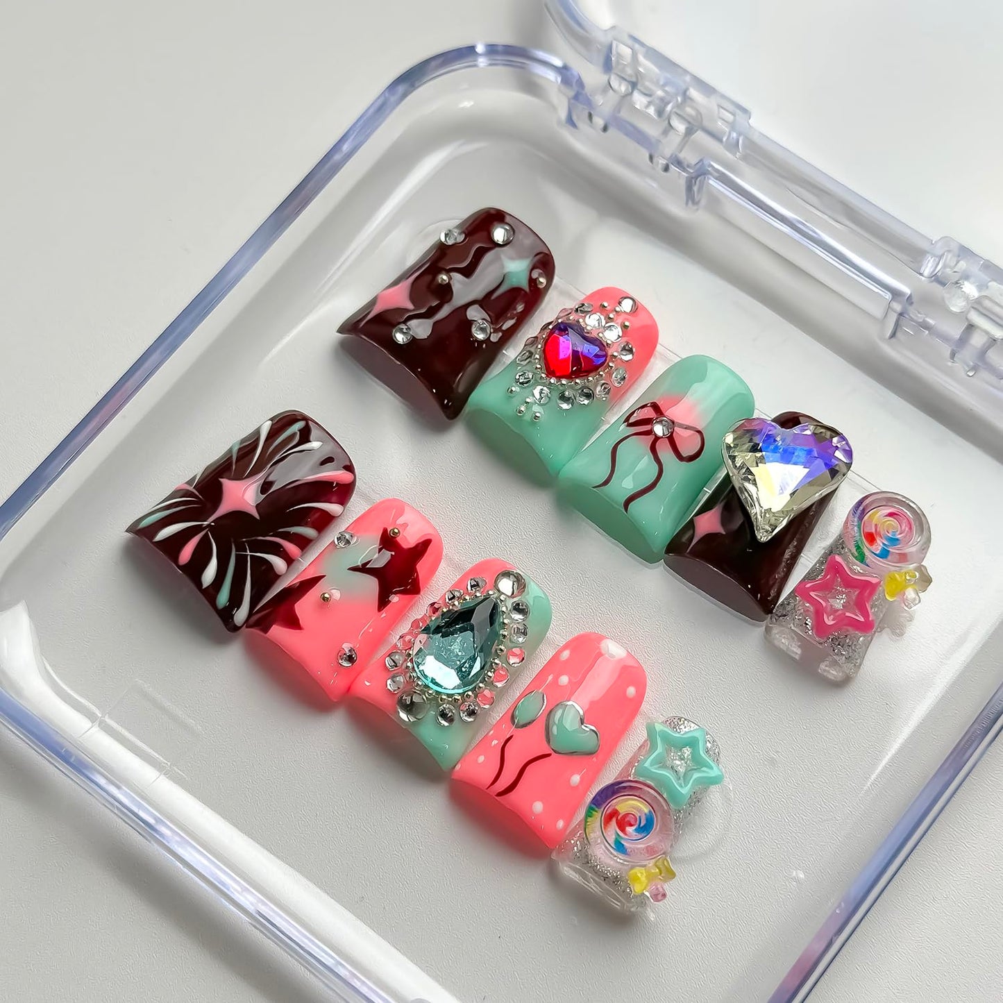 Luxury Press on Nails Short Duck Handmade 3D Unique Reusable ABS Material Fake Nails Pink Cute False Nails with Designs Rhinestones Stars Lollipop Glossy Glue on Nail Thick Acrylic Nail(M)