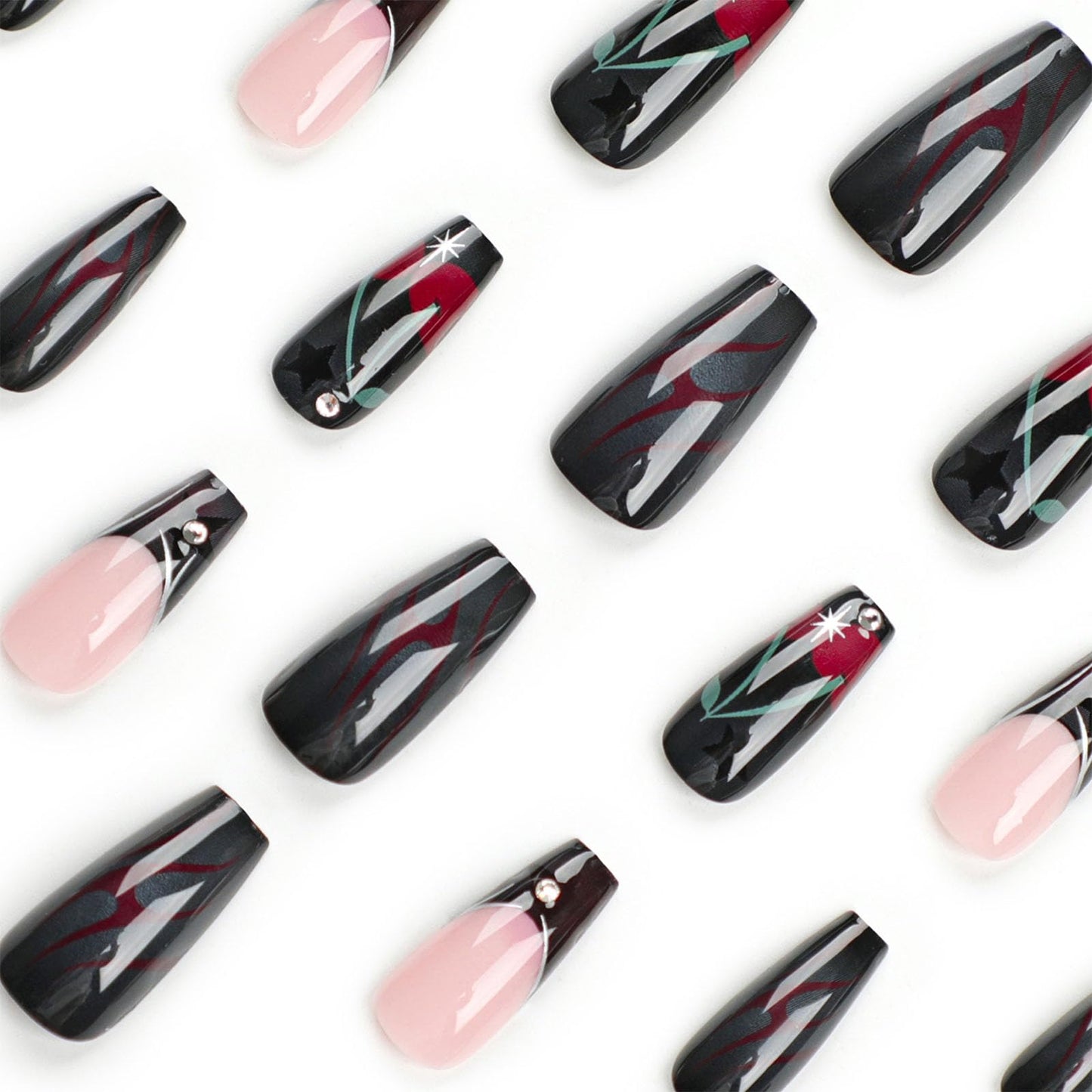 Black Press on Nails Medium French Tip Fake Nails with Glue Goth Rose Stars Designs Glue on Nails Medium Length Black Full Cover Acrylic False Nails Press ons for Women 24 Pcs