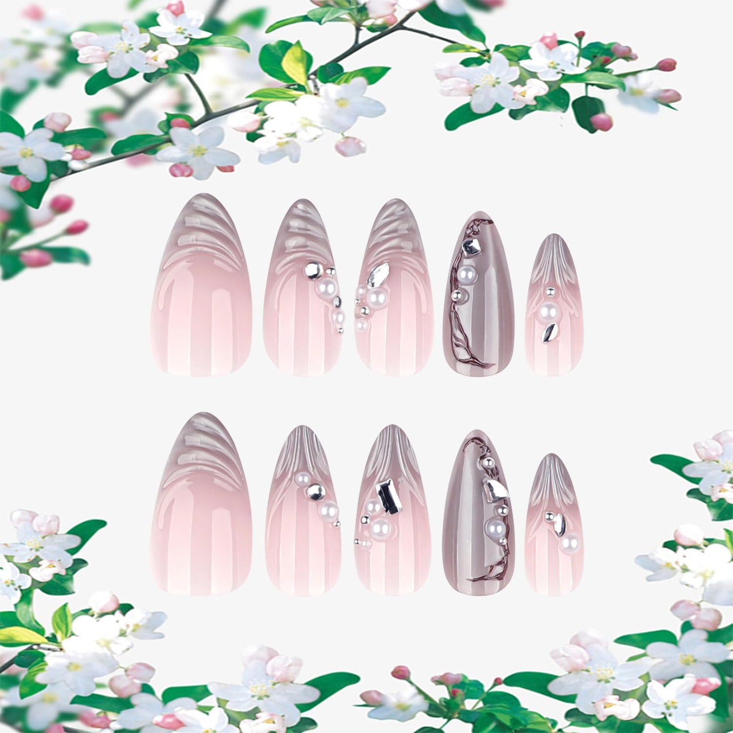 Press on Nails Medium Length Artificial Acrylic French Silver Irregular Lines 3D Ripple with Rhinestones Pearl Design Glitter Almond Glue on Stick on Nail Artificial Fingernails for Women Manicure