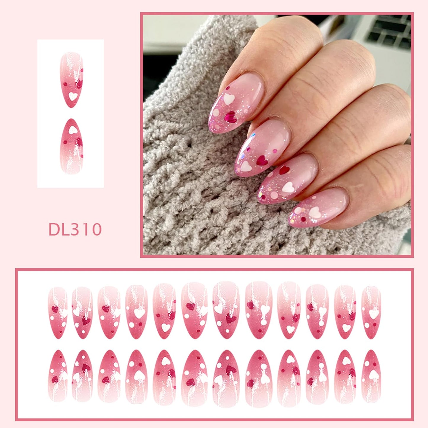 24Pcs Valentines Press on Nails Medium Almond Fake Nails Heart Polka Dots False Nails Glitter Sequins Full Cover Pink Smudge Glossy Reusable Holiday Gel Acrylic Stick on Nails for Women Manicure Decor