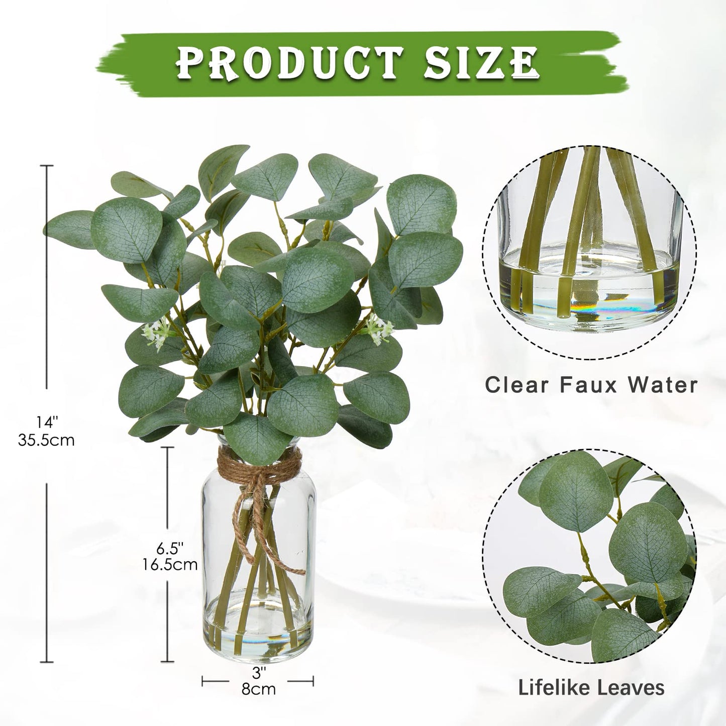 Briful Artificial Eucalyptus Stems in Glass Vase with Faux Water, 14" Fake Plant Eucalyptus Leaves for Home Farmhouse Wedding Centerpiece Bathroom Décor, 2 Packs