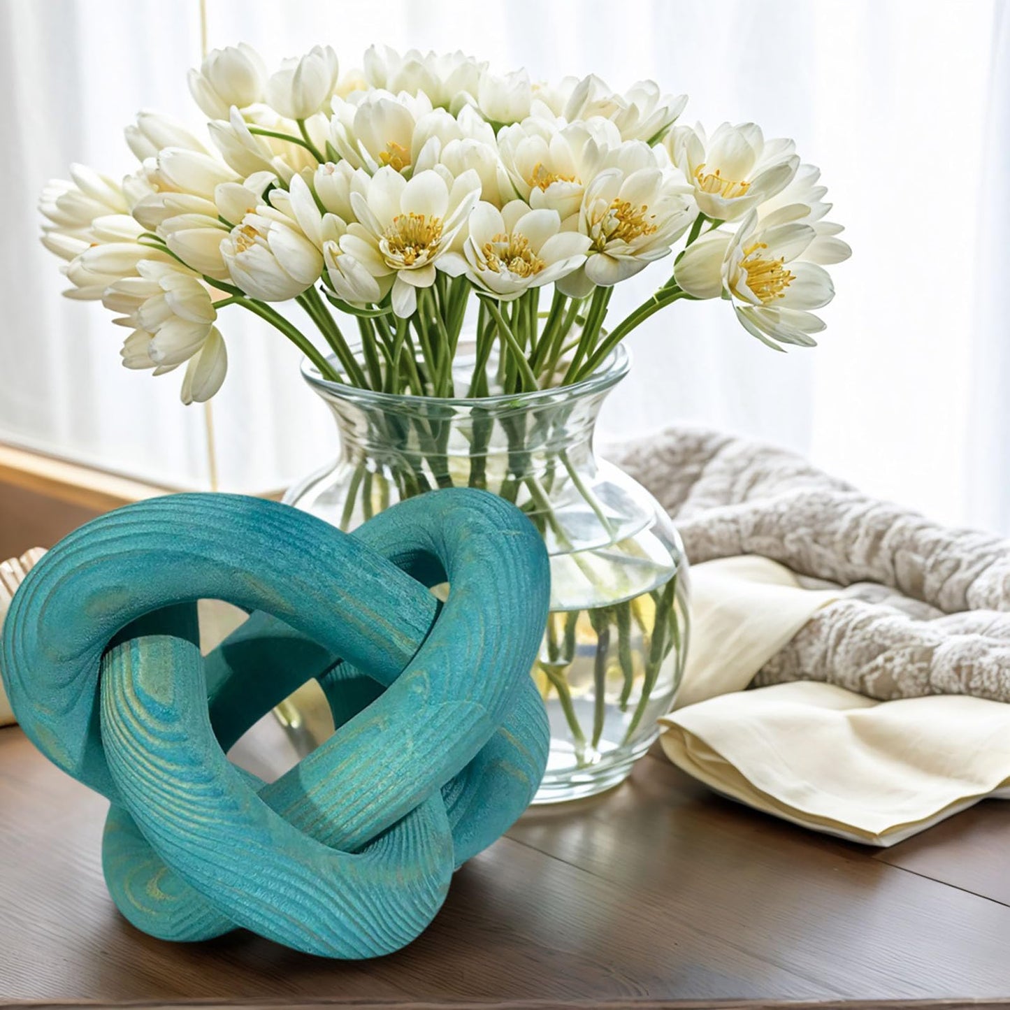 GUDAGUU Wood Knot Decor -Coffee Table Decor Shelf Decor Table Books Hand Carved Home Decoration Boho Country Rustic Modern Shabby Chic Style 3 Link Wooden Knot Chain Link Decor (Blue)
