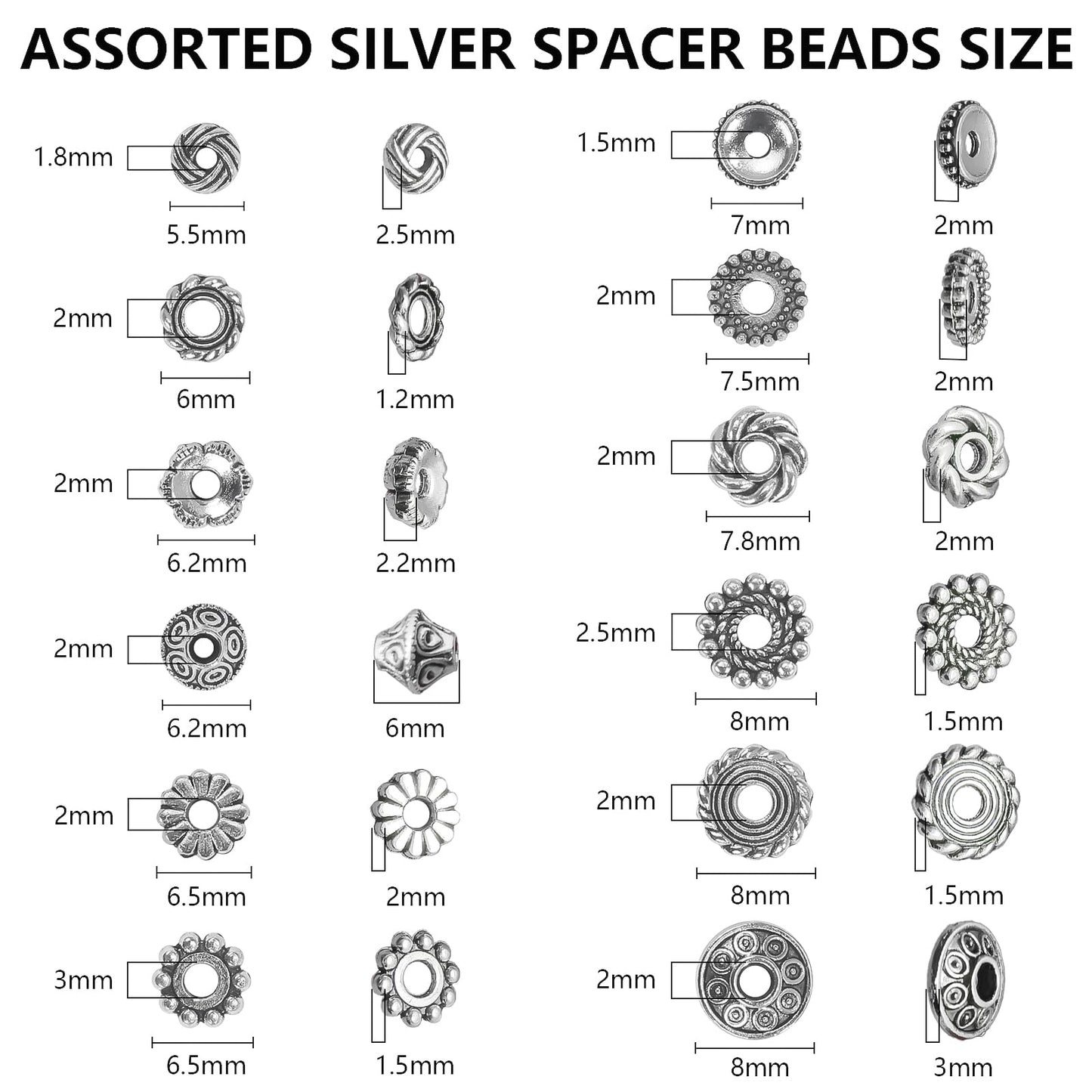 600pcs Silver Spacer Beads for Jewelry Making- 5-8mm Metal Beads Spacer with Storage Box for Bracelets, Necklaces & DIY Crafts