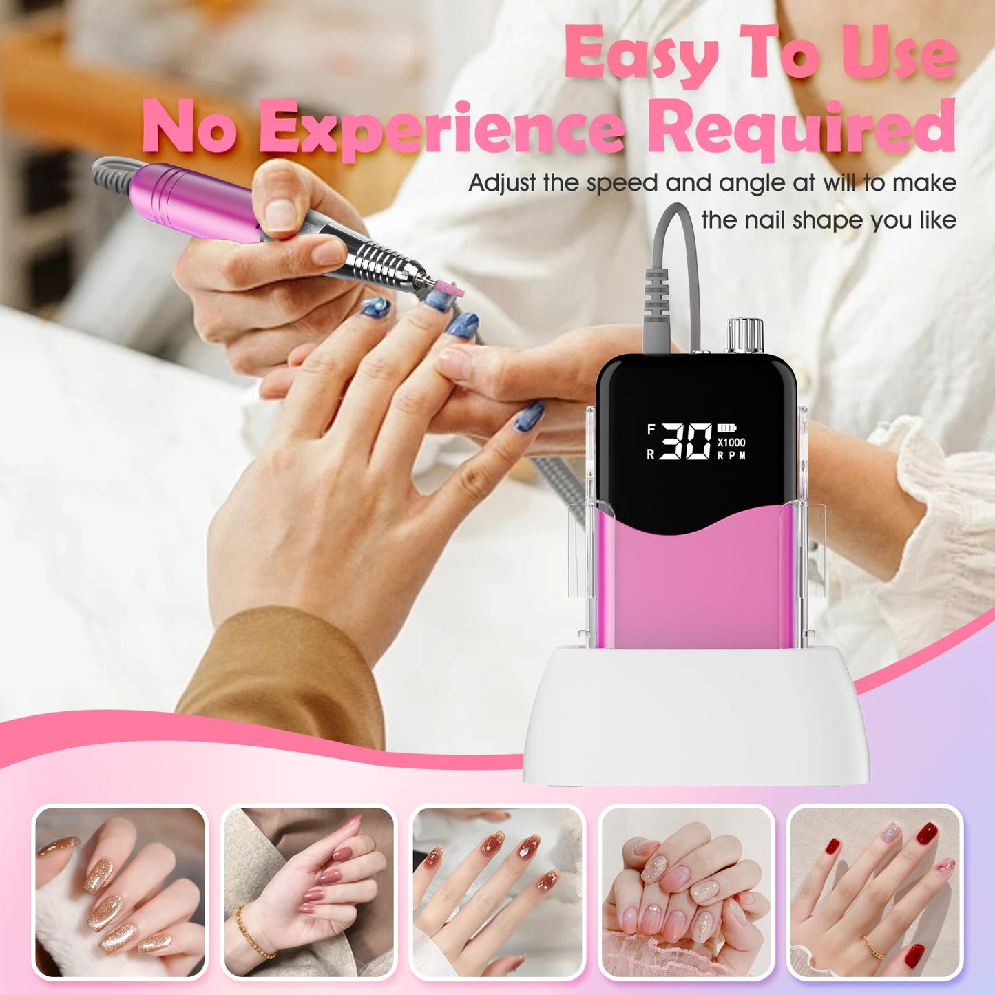 CIVPOWER Nail Drill Professional: 35000RPM Electric Nail File - Portable Rechargeable LED Display Nail Tool Kit- Manicure Pedicure Salon Home DIY Pink