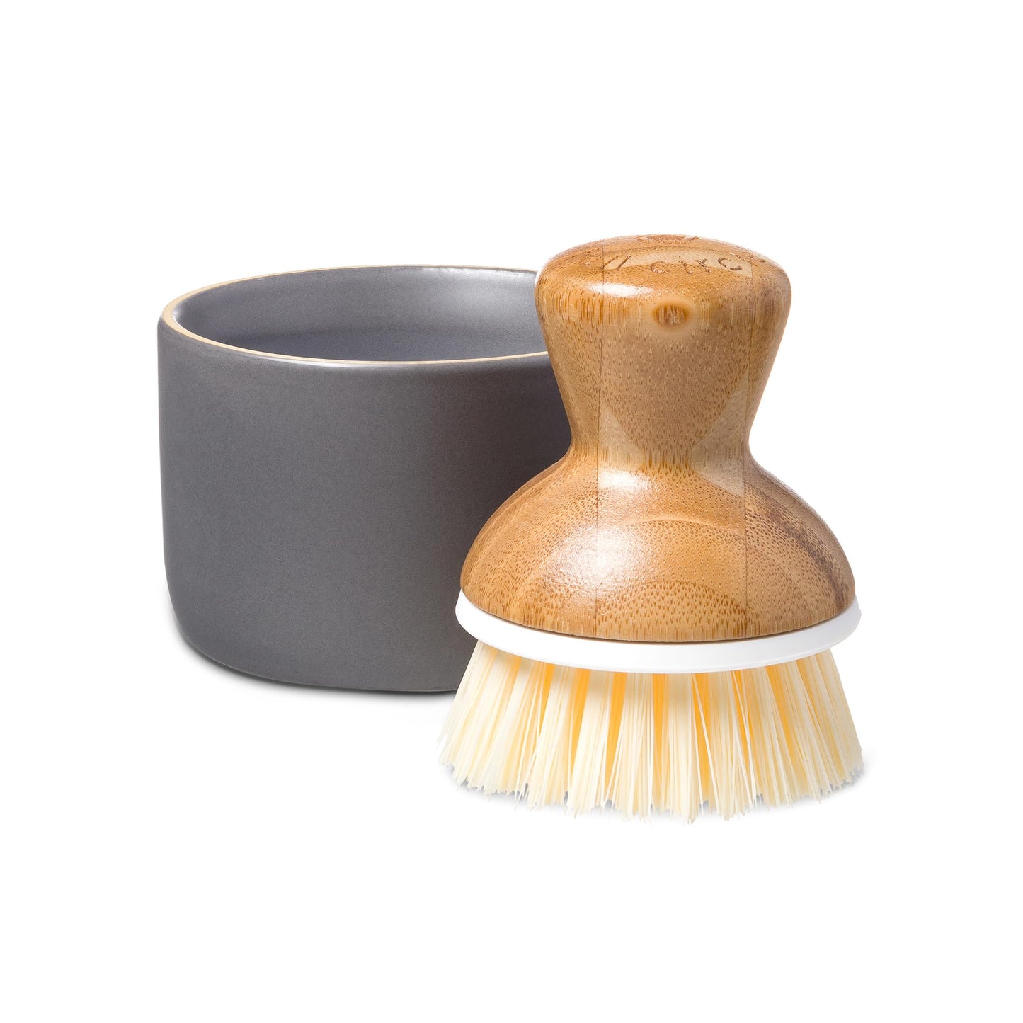Full Circle Bubble Up Bamboo Dish Brush & Ceramic Soap Dispenser – Family Safe, Formaldehyde-Free – Kitchen Scrub Brush for Dishes, Nonstick & Cast Iron, Gray