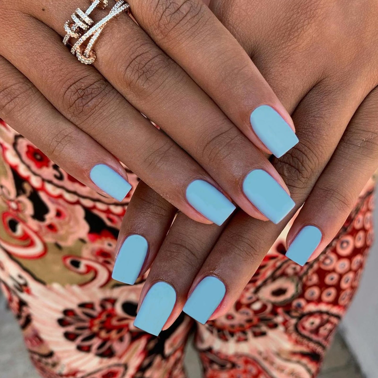KQueenest Matte Baby Blue Press on Nails Short Medium Square Glue on Nails Set, Solid Color Fake Nails Short Coffin Acrylic Nails Press on Reusable Gel Nails for Women in 24 Pcs