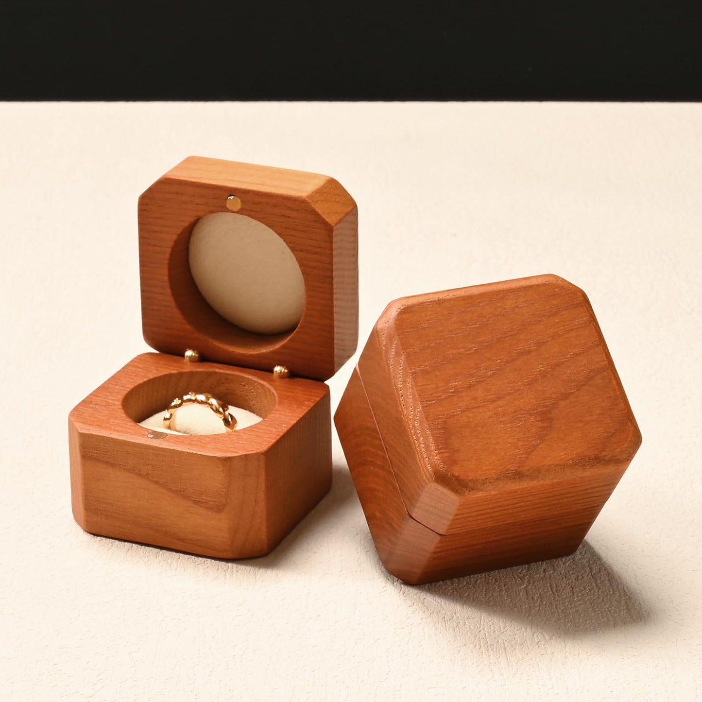 Woodten Jewelry Engagement Proposal Ring Box Solid Wood Single Octagonal Ring Box for Proposal, Wedding(Beige)