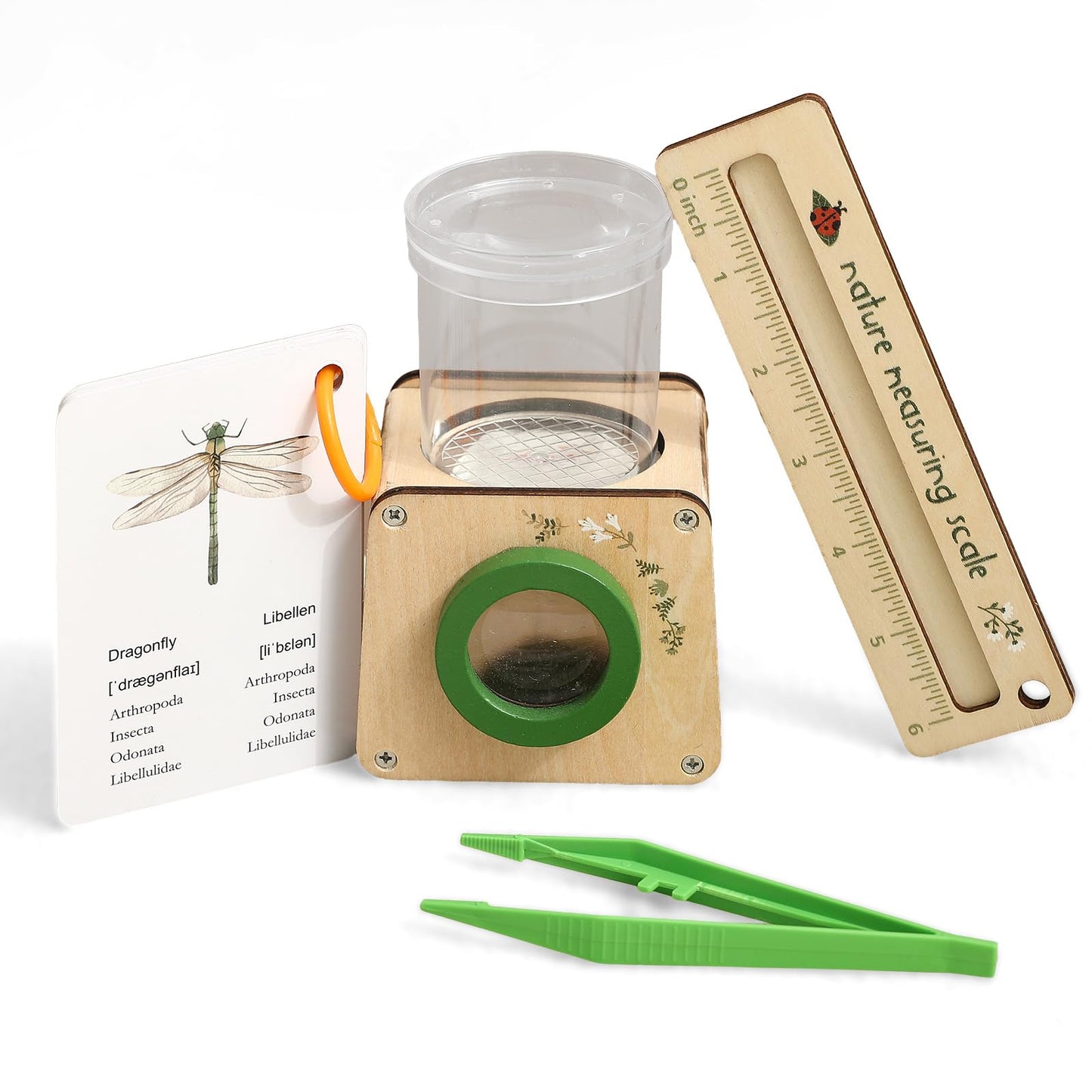 Wooden Bug Catcher for Kids, Tri-View Bug Viewer Kit, Top & Bottom Magnifiers, Insect Observation Container with Tweezers, Ruler & 10 Insect Cards, STEM Outdoor Explorer Toy